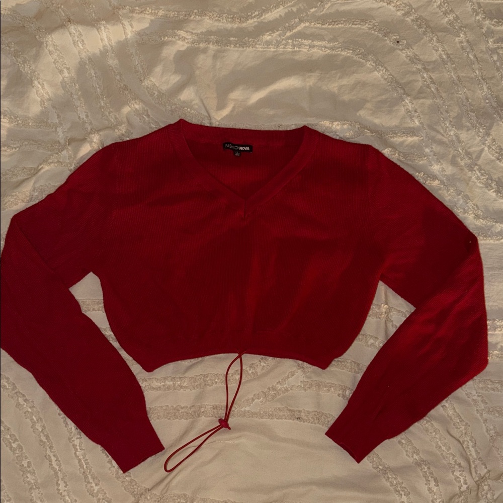 Fashion Nova Red V-Neck Cropped Drawstring Sweater